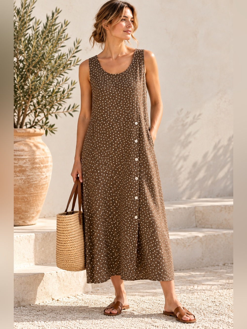 Pistache Italy 100% Linen Brown Polka Dot Maxi Dress Size L